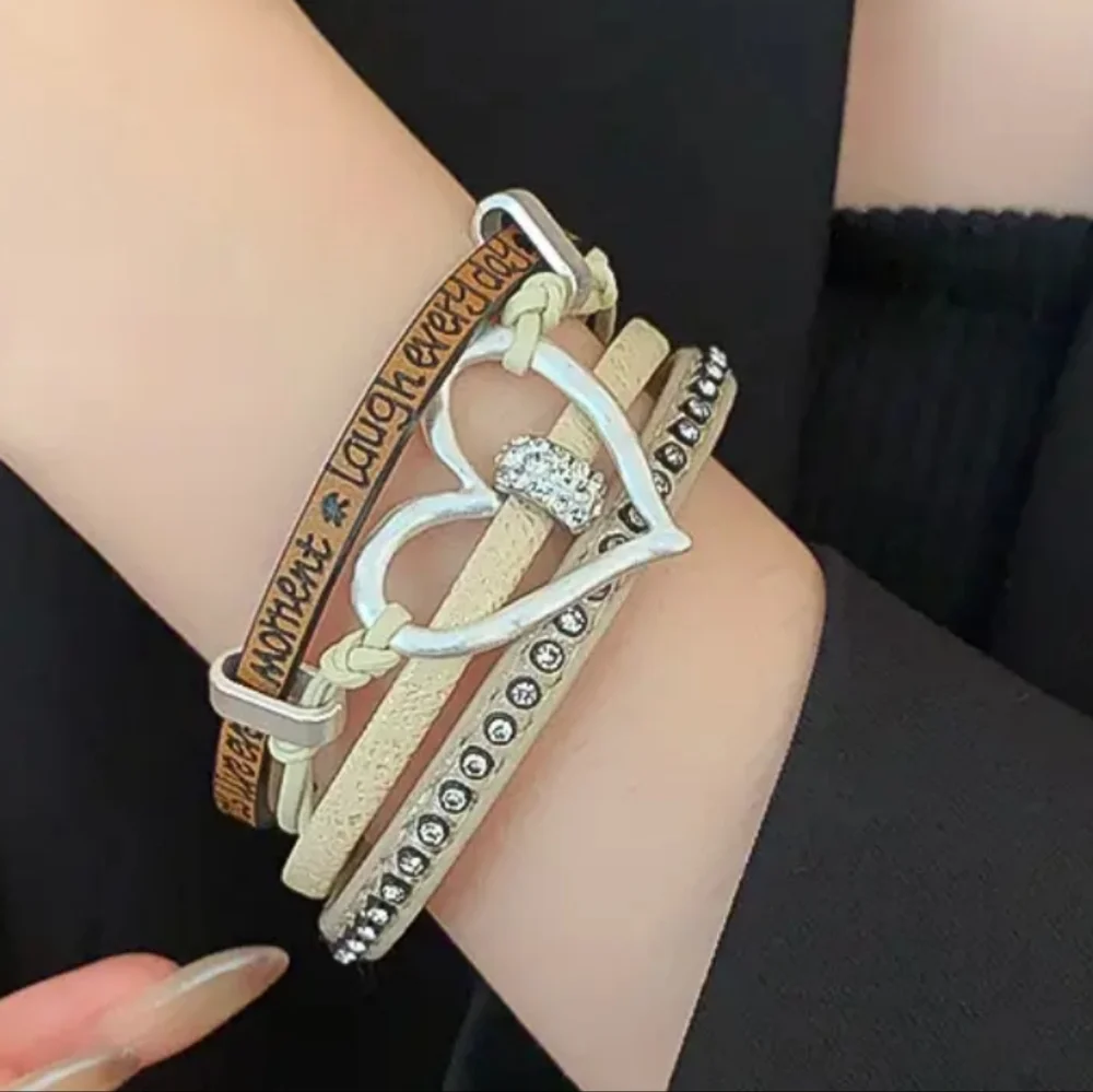 Brown And Tan Heart Charm‎ Leather Magnetic Gift Christmas Bracelet -(#0275)